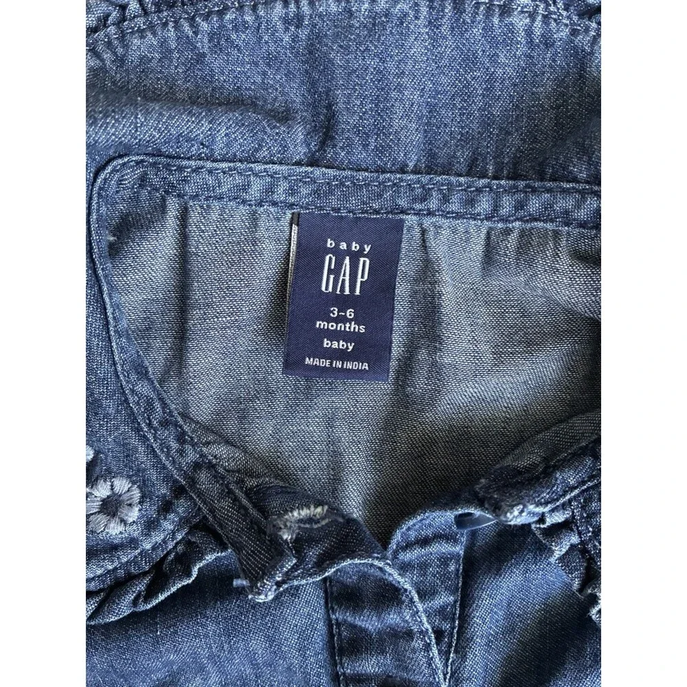 Baby Gap Blue Denim Look Romper 3-6 Months Embroidered Collar Long Sleeve